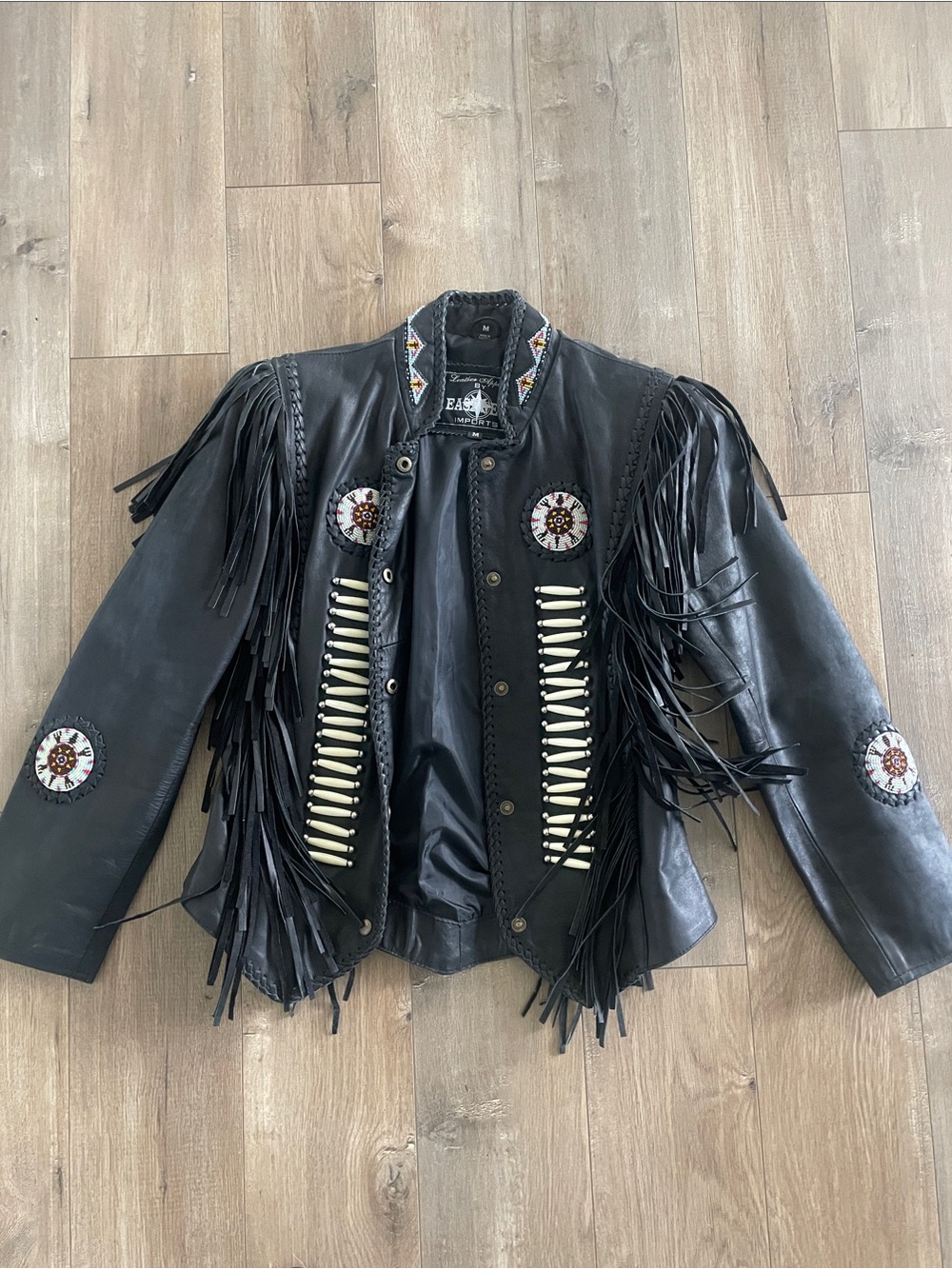 Black Leather Fringe Jacket with Beaded and Bone Accents - Picture 1 of 3
